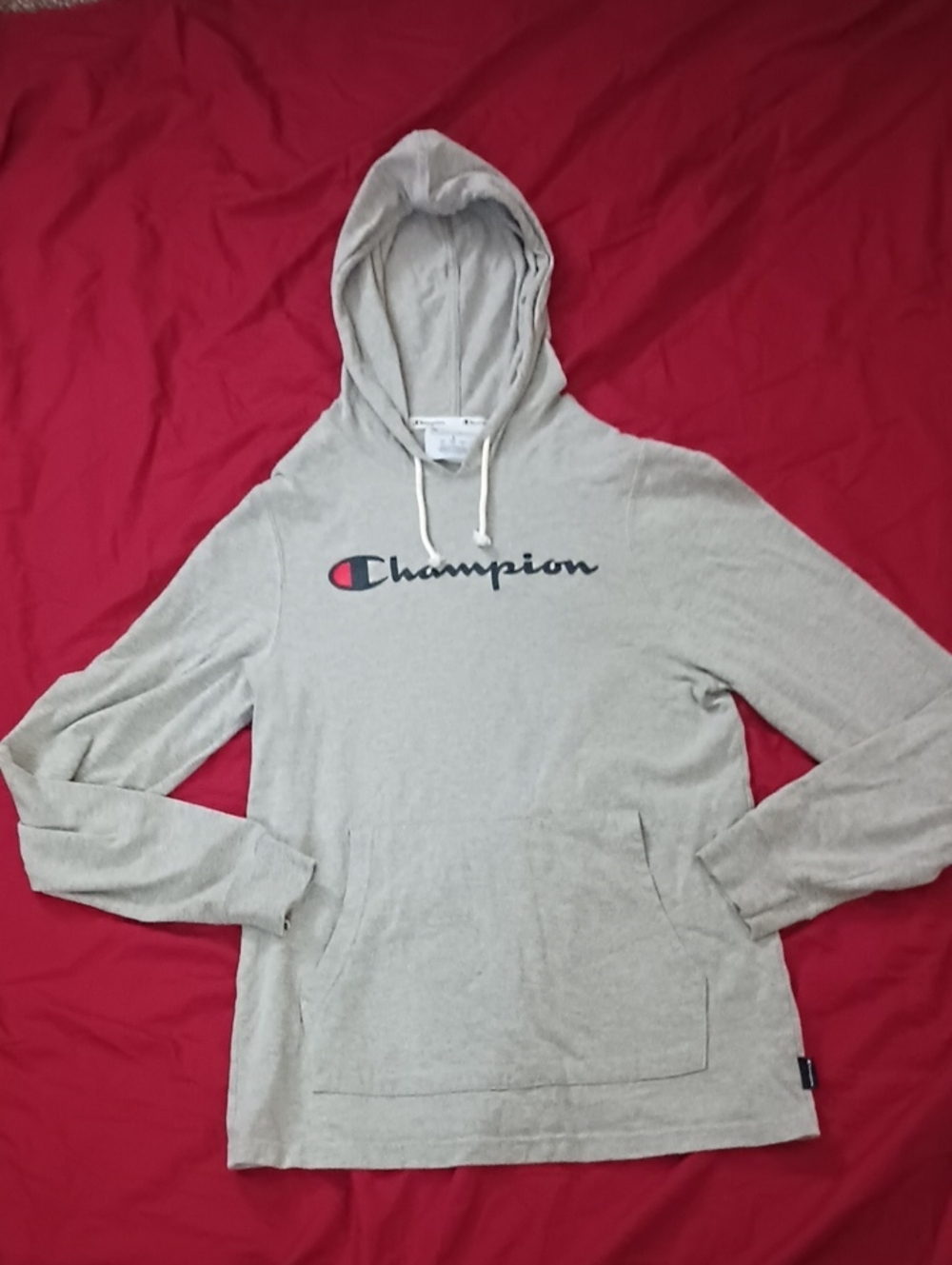 Champion Mens Light Gray Hoodie with Script Logo and Drawcord Size S